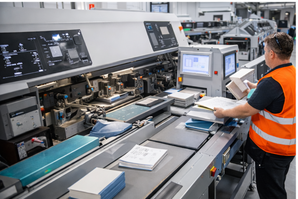 Operario en línea de encuadernación